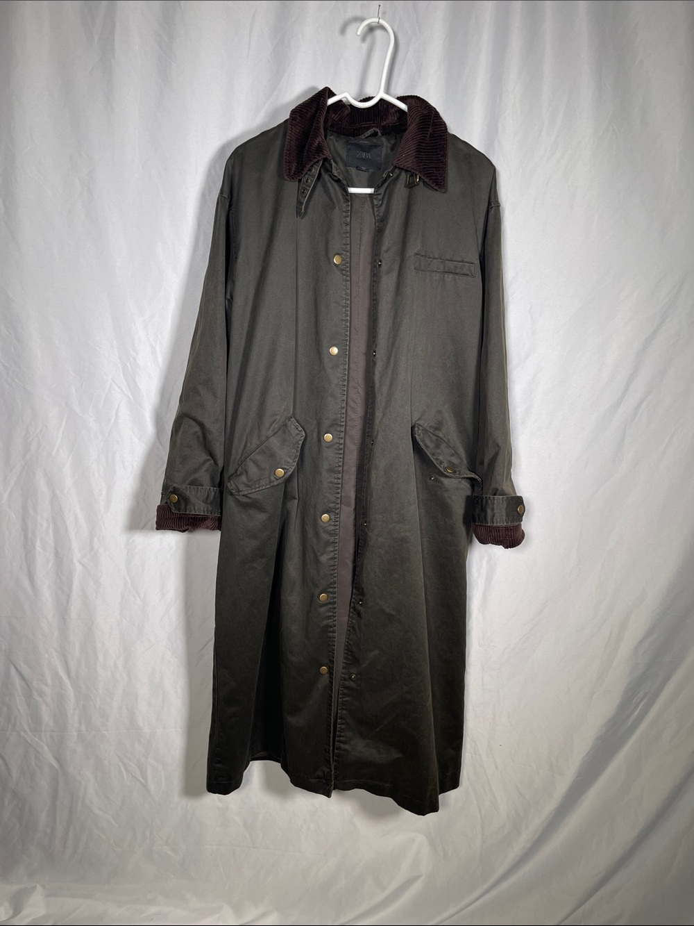 Zara Brown Long Trench Coat with Dark Corduroy Collar